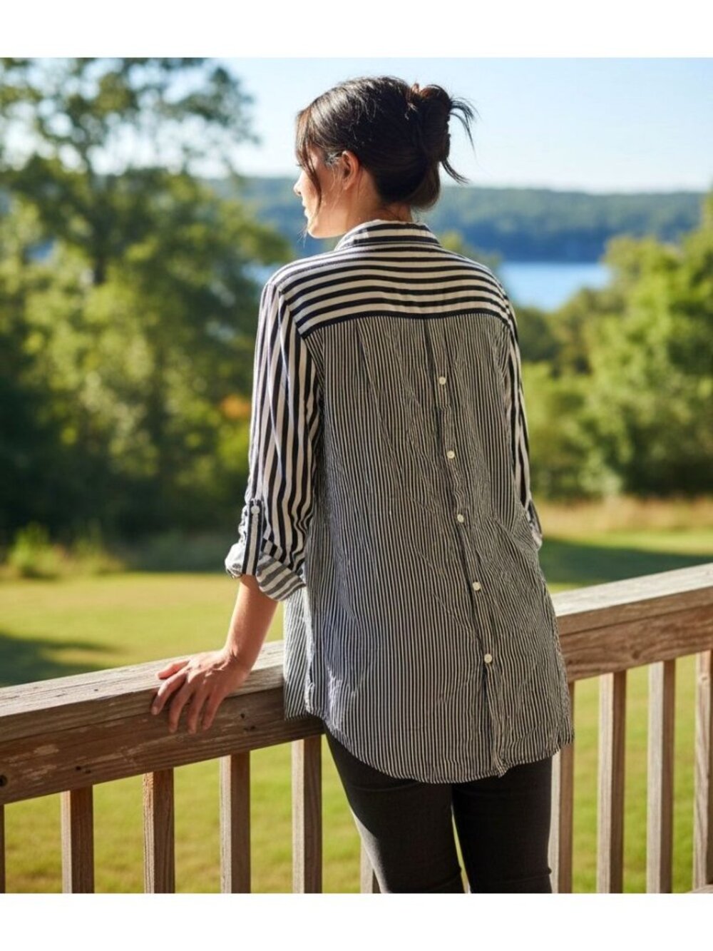 Jane and Delancey M Mix Stripe Collar Button-up Top Long sleeve Roll-tab Blouse